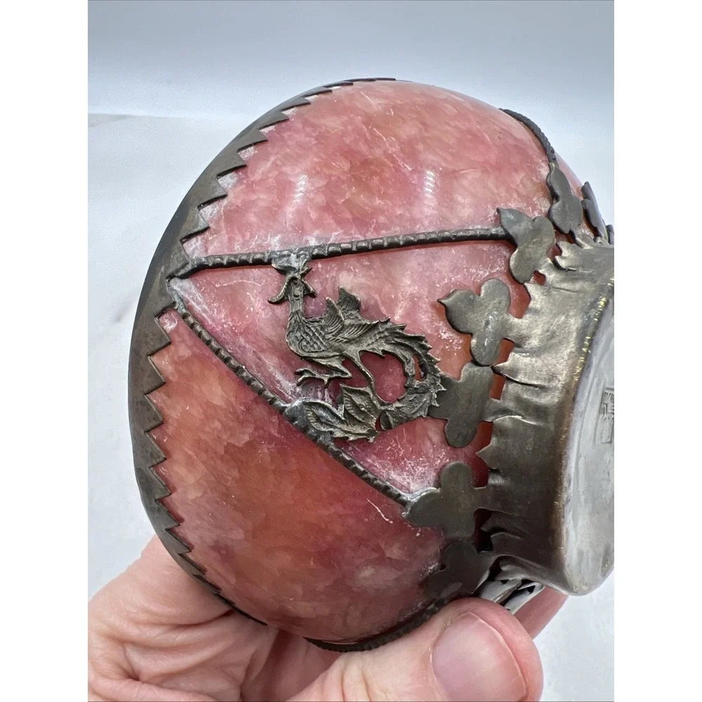 Antique Chinese Pink Crystal Soapstone Dragon & Phoenix Brass Bowl Home Decor
